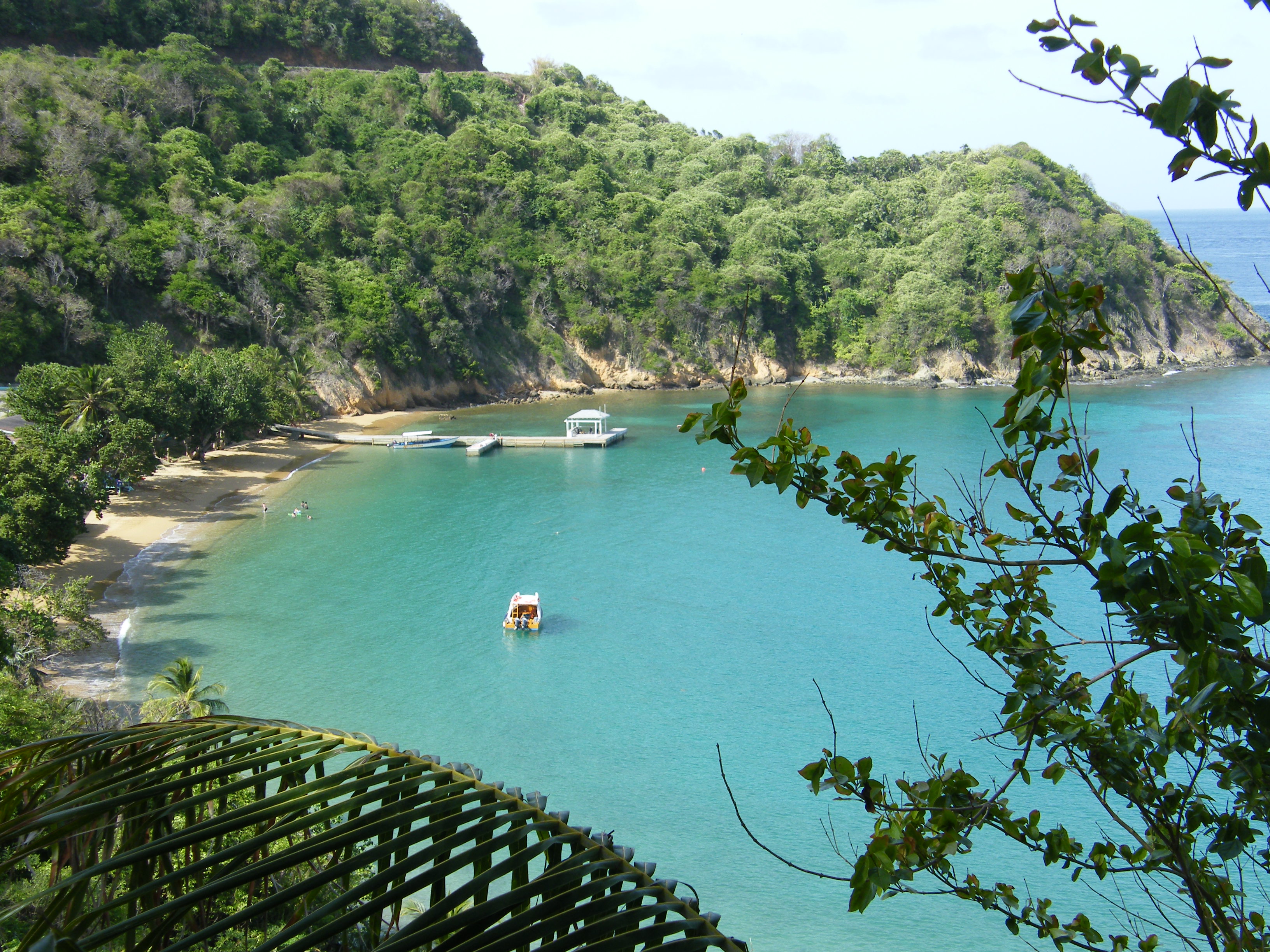 Traumhaft schöne Bucht am Blue Waters Inn von oben gesehen, insel Tobago